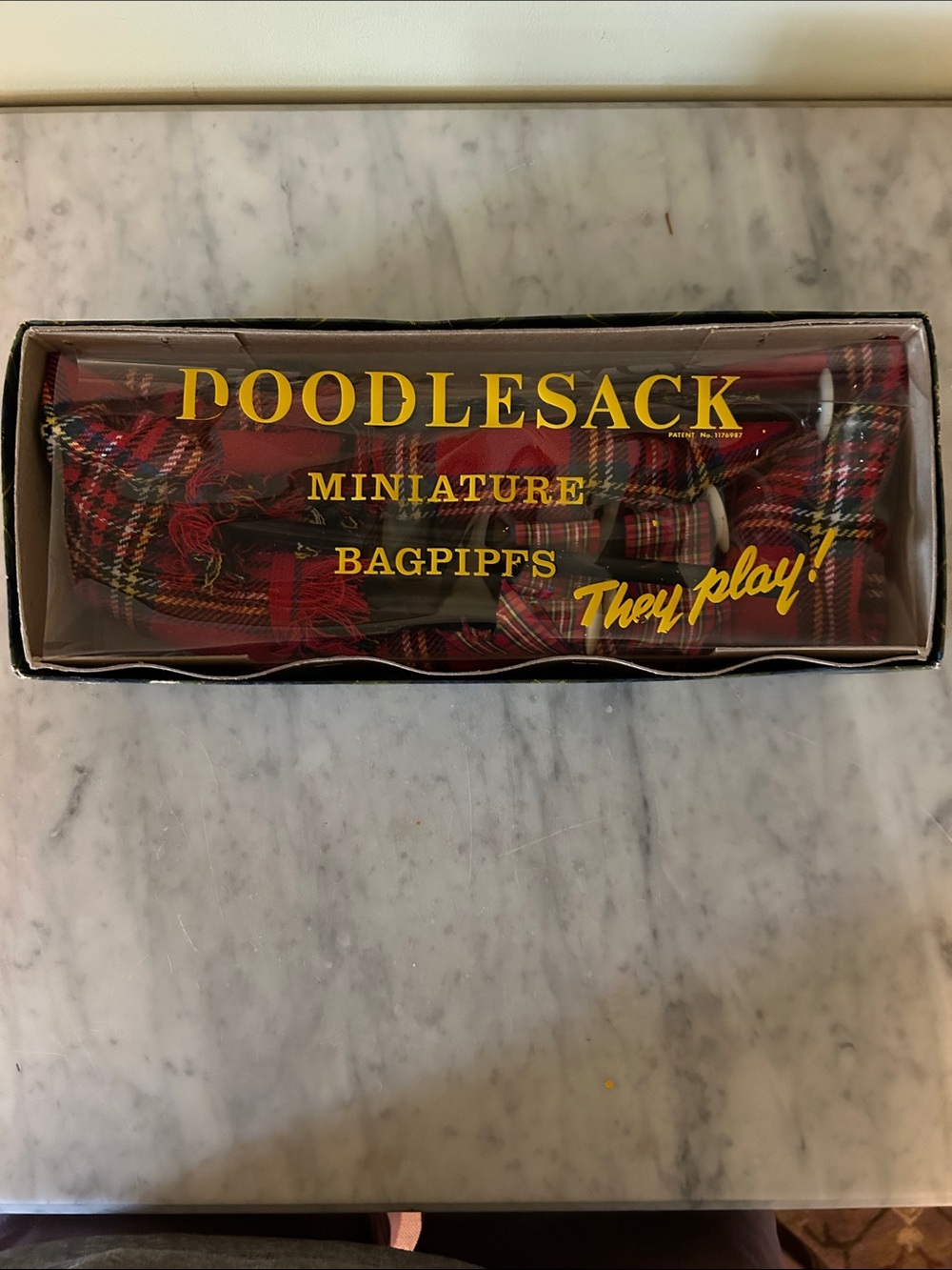 Vintage Doodlesack Miniature Bagpipes in Red Tartan